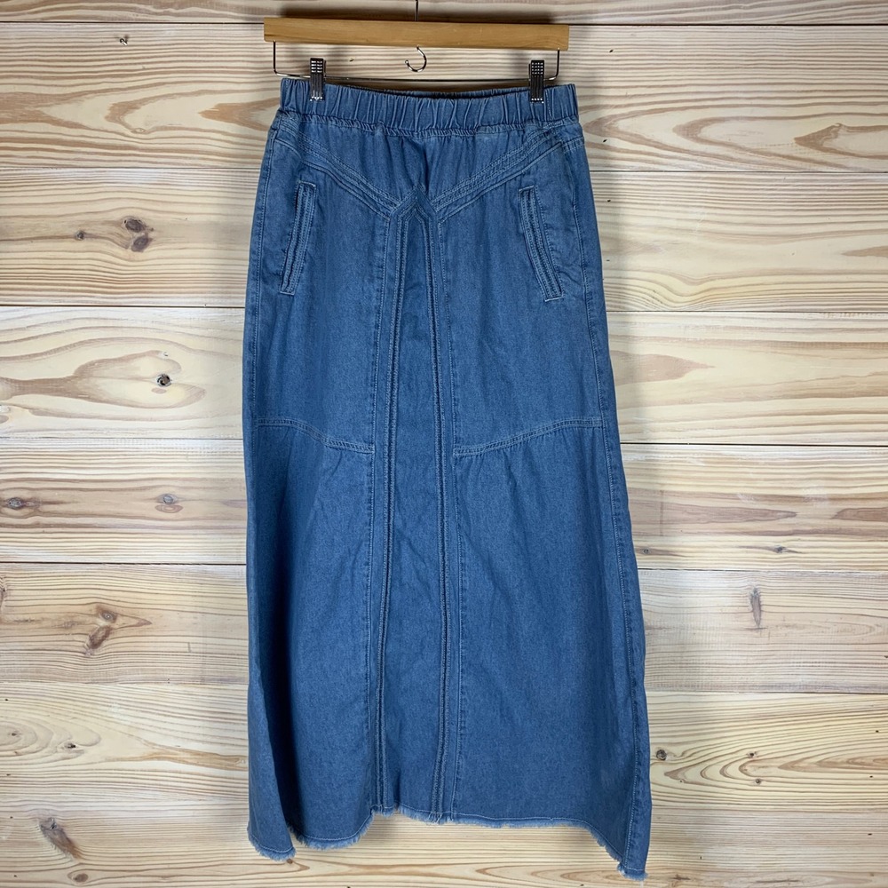 Western Denim Maxi Skirt Women Size M Blue Elastic Waist Paneled Frayed Hem Long